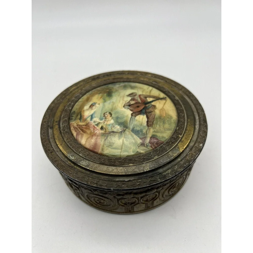 Antique Vintage PNCW Mirrored Round Dresser Box Powder/ Trinket